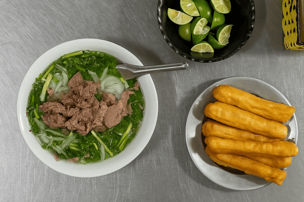 A steaming bowl of Pho Thin Bo Ho, featuring clear broth, tender beef, and fresh herbs